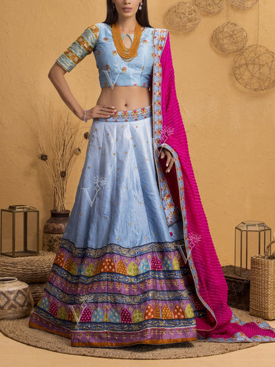 Cyan Blue Handcrafted Silk Lehenga Set