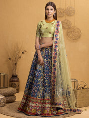 Midnight Blue And Laurel Green Silk Handcrafted Lehenga Set