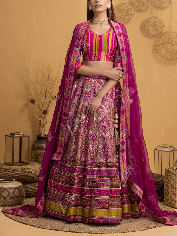 Deep Pink Handcrafted Silk Lehenga Set