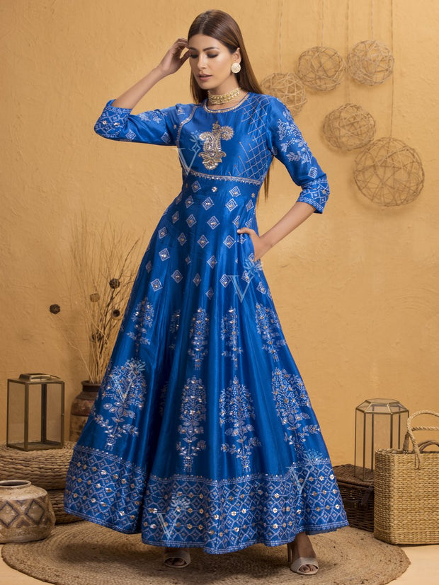 Persian Blue Silk Anarkali Gown