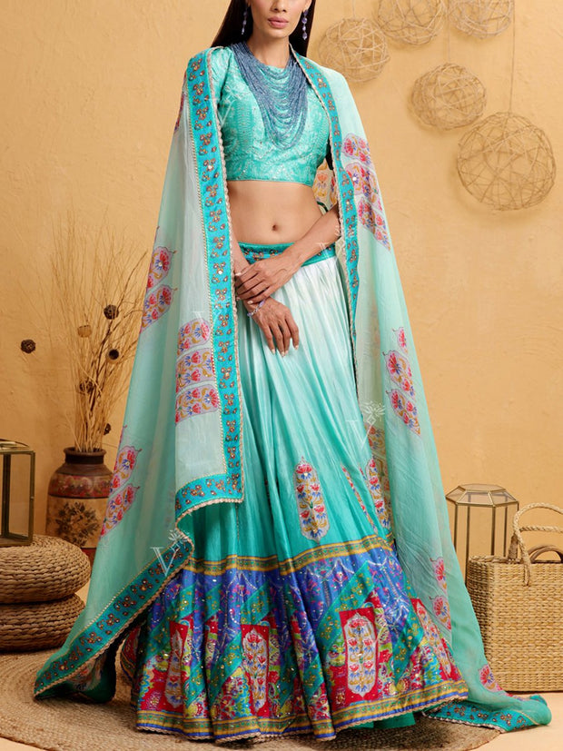 Aqua Blue Handcrafted Silk Lehenga Set