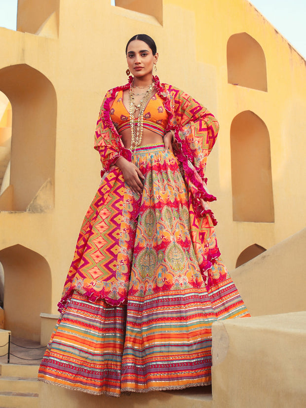 Ochre Vasansi Silk Lehenga with Ruffled Dupatta- Mimosa Dreams