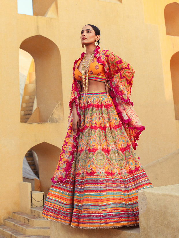 Ochre Vasansi Silk Lehenga with Ruffled Dupatta- Mimosa Dreams