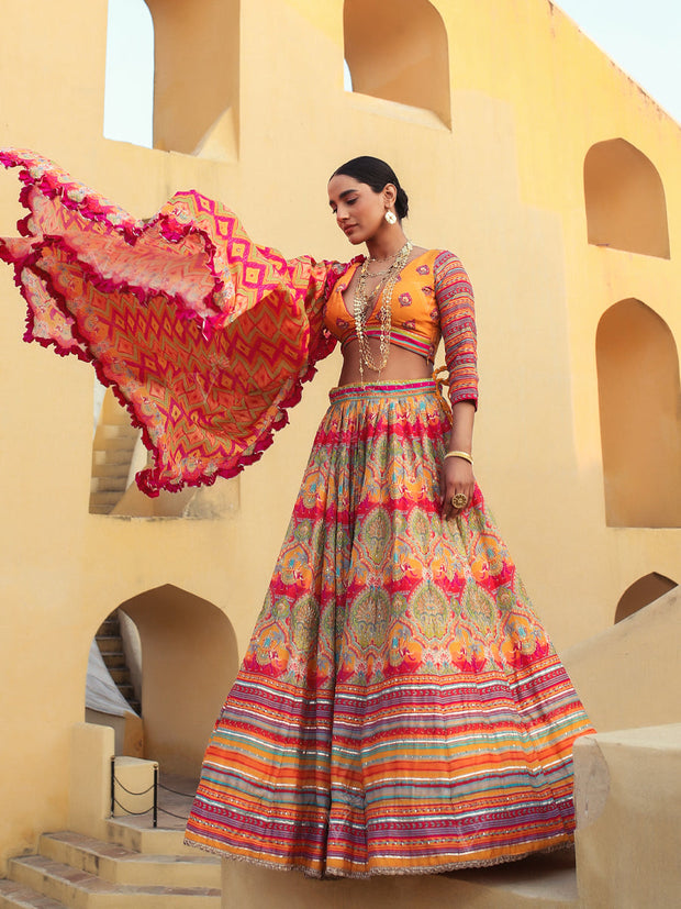 Ochre Vasansi Silk Lehenga with Ruffled Dupatta- Mimosa Dreams