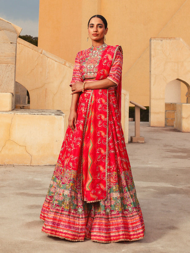 Red Vasansi Silk Lehenga - Mimosa Dreams