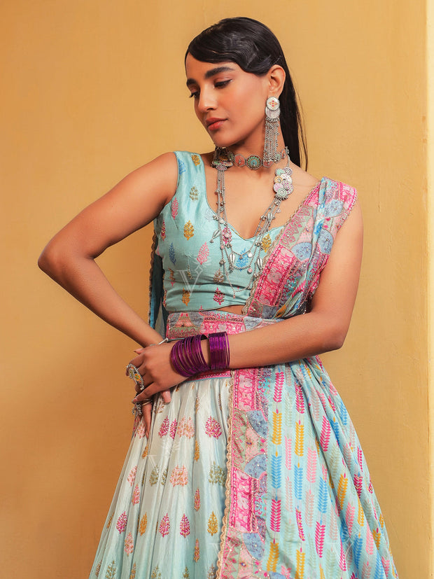 Ice Blue Vasansi Silk Lehenga - Mimosa Dreams