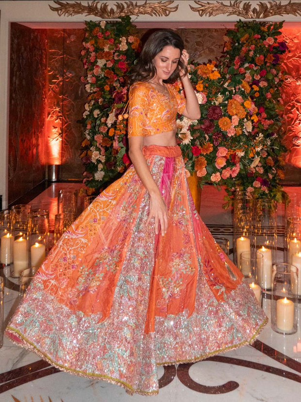 Rosanna Falconer In Orange Vasansi Silk Printed Lehenga Set