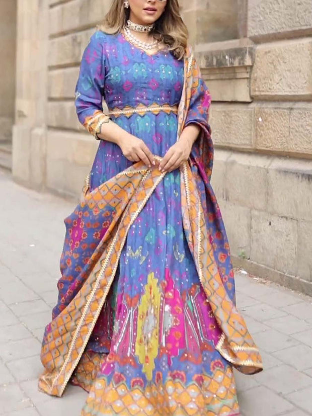 Blue Vasansi Silk Printed Anarkali Gown