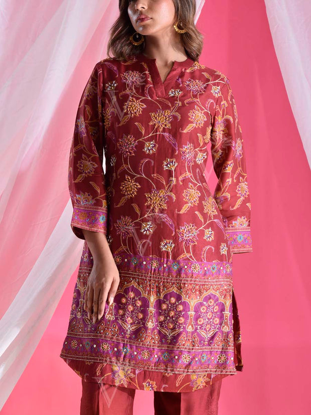 Maroon Vasansi Silk  Printed Embroidered Co-ord Set