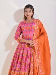 Pink and Orange Patola Printed Vasansi Silk Anarkali Gown