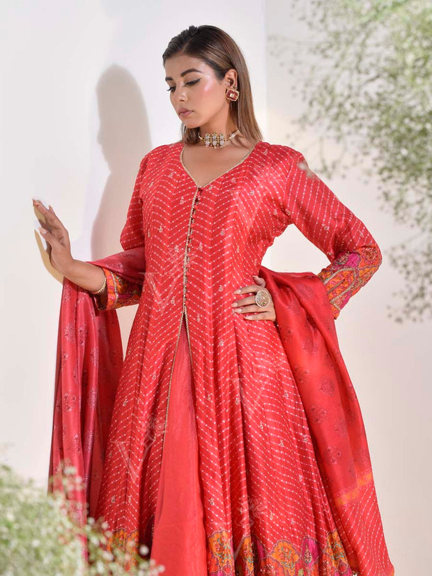 Red Vasansi Silk Printed Anarkali Kurta and Skirt Set