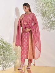 Onion Pink and Ochre Dobby Cotton Printed Suit Set