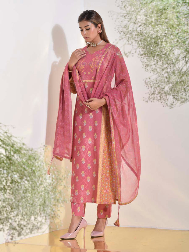 Onion Pink and Ochre Dobby Cotton Printed Suit Set