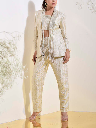 Off-White Banarasi Silk Eembroidered Jacket and Pant Set