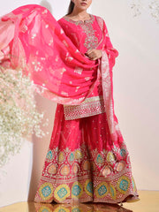 Hot Pink Crepe Embroidered Kurta and Garara Set