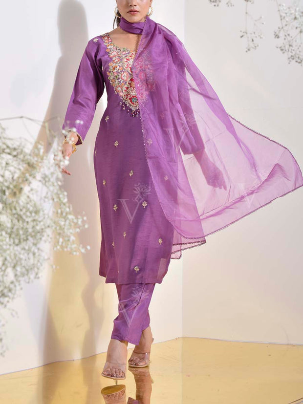 Purple Embroidered Suit Set