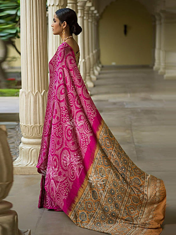 Deep Pink Ajrakh Bandhani Saree