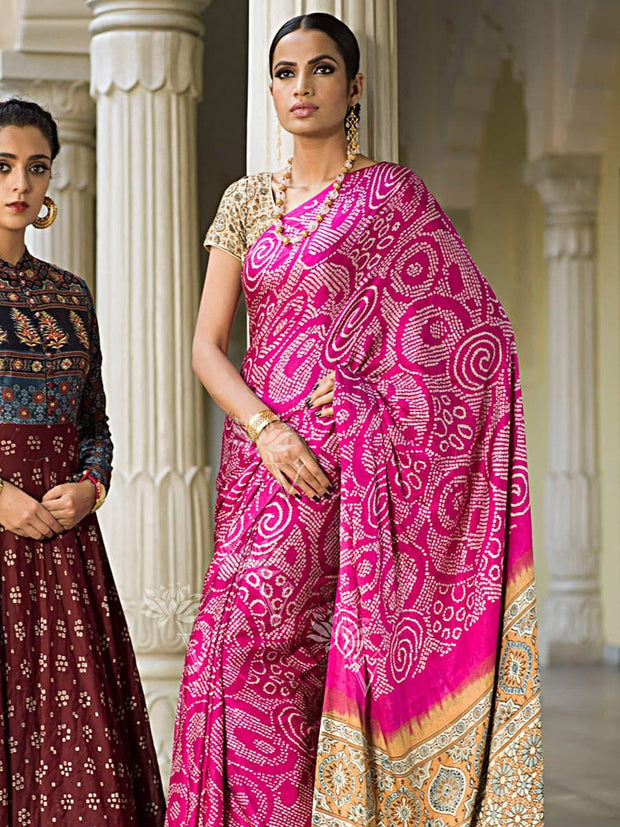 Deep Pink Ajrakh Bandhani Saree