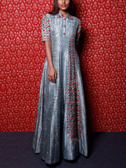 Ocean Grey Raw Silk Embroidered Anarkali Gown