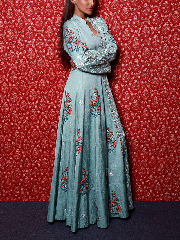 Aqua Blue Raw Silk Embroidered Anarkali Gown