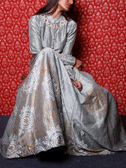 Silver Grey Raw Silk Embroidered Anarkali Gown