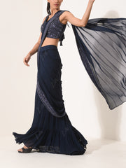 Navy Blue Pre-Draped Cocktail Saree