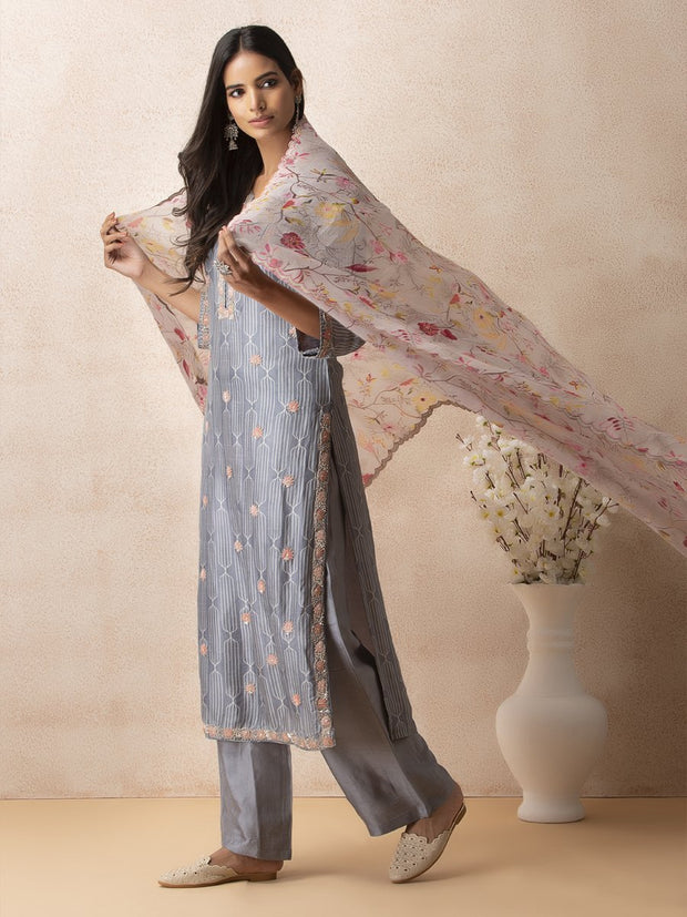 Grey Silk Suit Set - Mogra Look 11