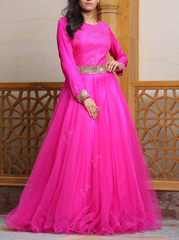 Pink Leheriya Anarkali Gown