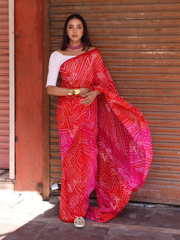 Red and Pink Chinnon Bandhani Saree