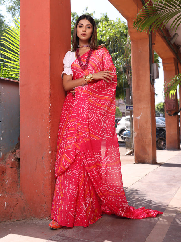 Pink and Orange Chinnon Bandhani Saree