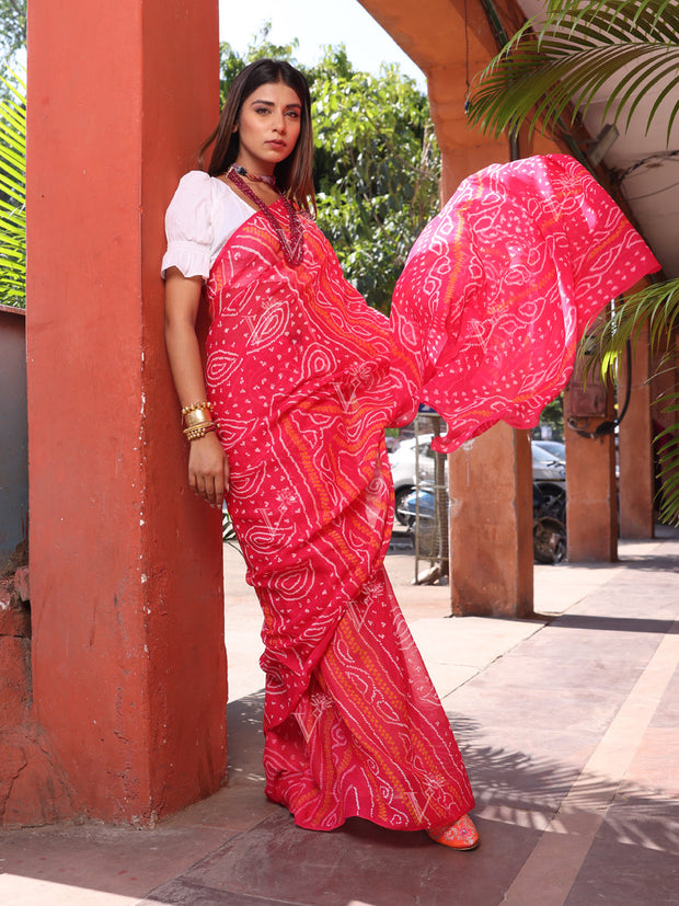 Pink and Orange Chinnon Bandhani Saree