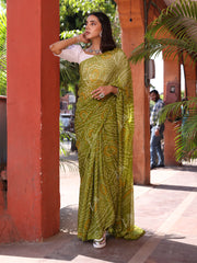 Mehendi Green Chinnon Bandhani Saree