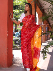 Red and Yellow Pure Bandhej Chinnon Saree