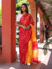 Red and Yellow Pure Bandhej Chinnon Saree