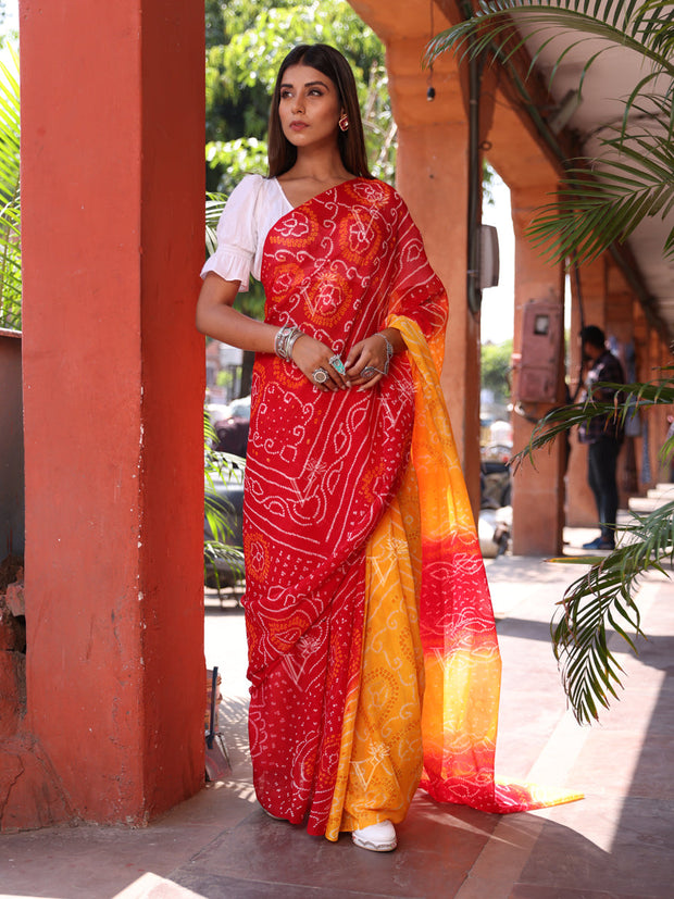 Red and Yellow Chinnon Bandhani Saree