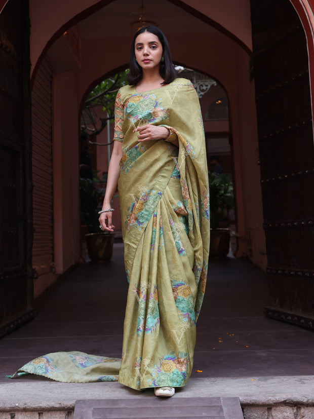 Green Floral Print Silk Saree