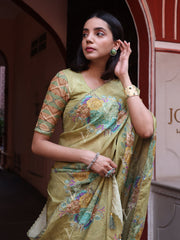 Green Floral Print Silk Saree