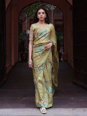 Green Floral Print Silk Saree