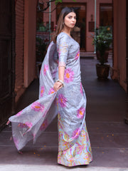 Grey Floral Print Silk Saree