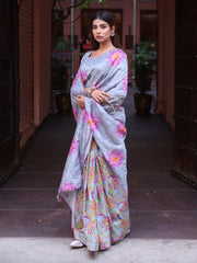 Grey Floral Print Silk Saree