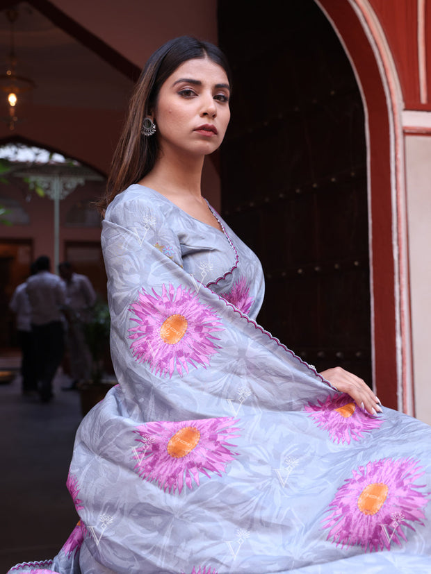 Grey Floral Print Silk Saree