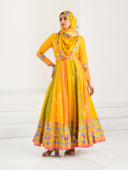 Yellow Silk Printed Anarkali Gown