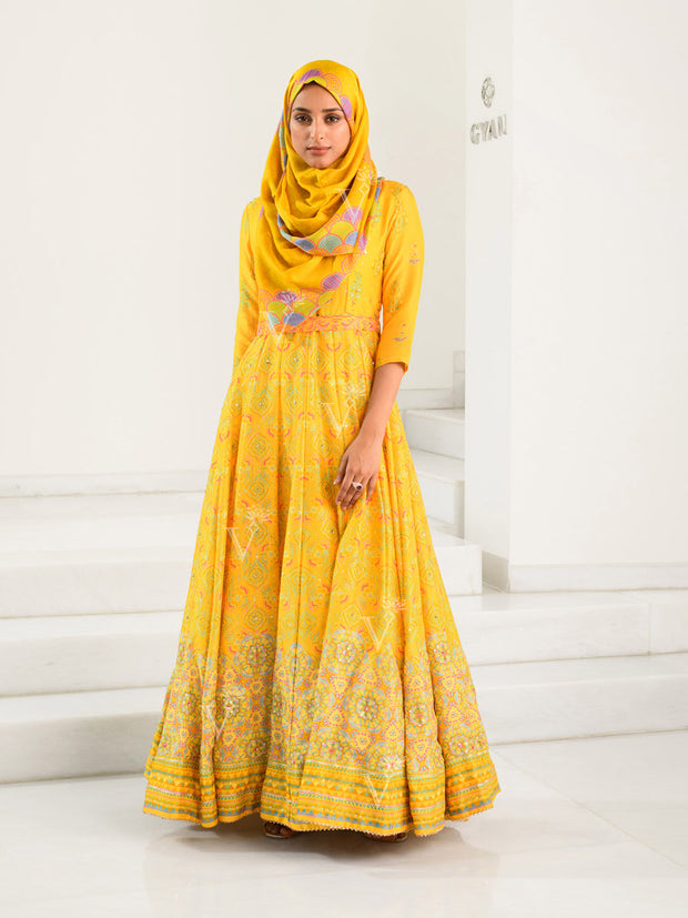 Yellow Silk Printed Anarkali Gown