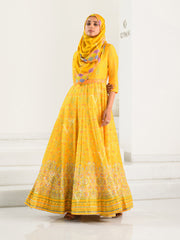 Yellow Silk Printed Anarkali Gown