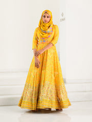 Yellow Silk Printed Anarkali Gown