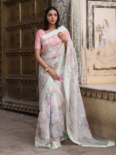 Mint Green Organza Floral Print Saree