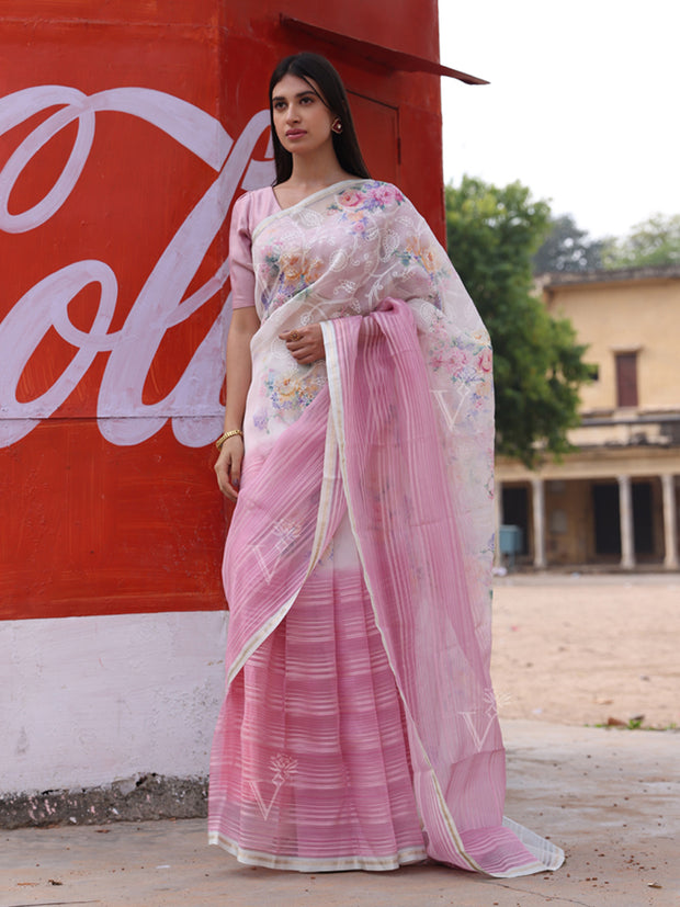 Pink Organza Floral Print Saree