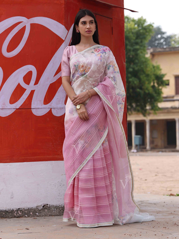 Pink Organza Floral Print Saree