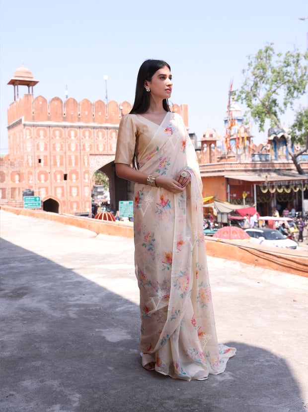 Yellow Chiffon Printed Saree