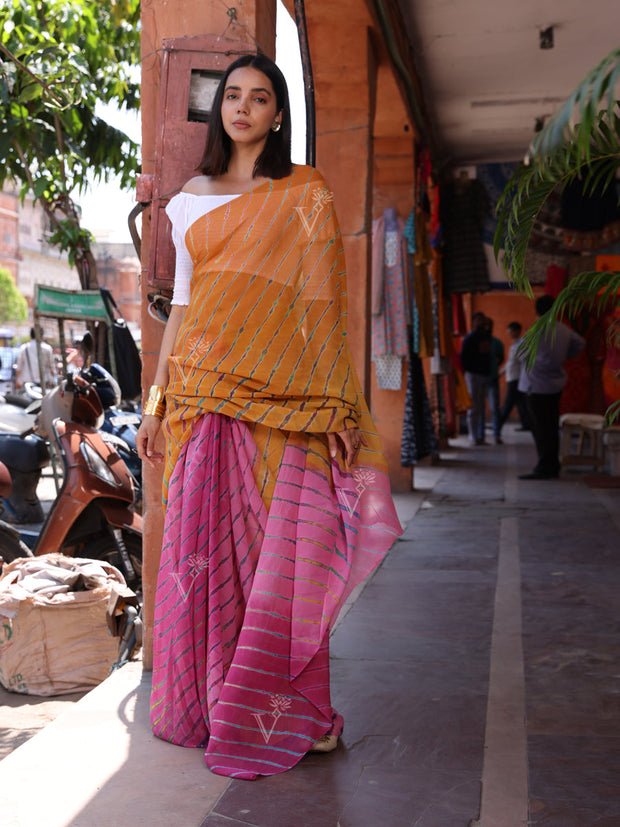 Yellow and Pink Chinnon Leheriya Saree